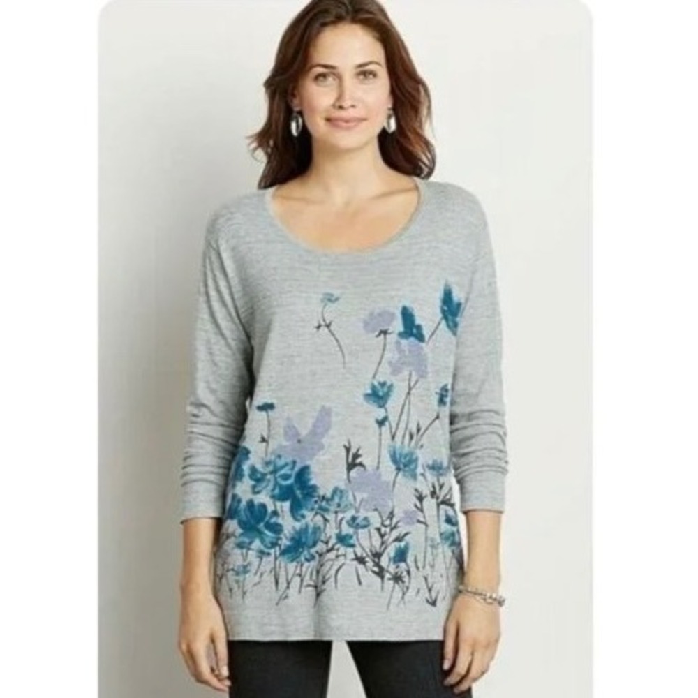 J. Jill Floral Sweater Women Large Grey Cotton Blend Scoop Neck Pullover